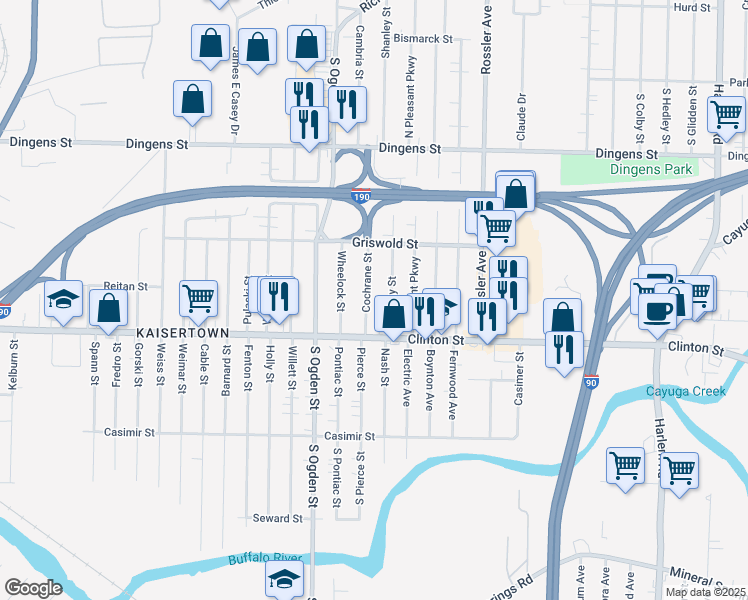 map of restaurants, bars, coffee shops, grocery stores, and more near 45 Cochrane Street in Buffalo
