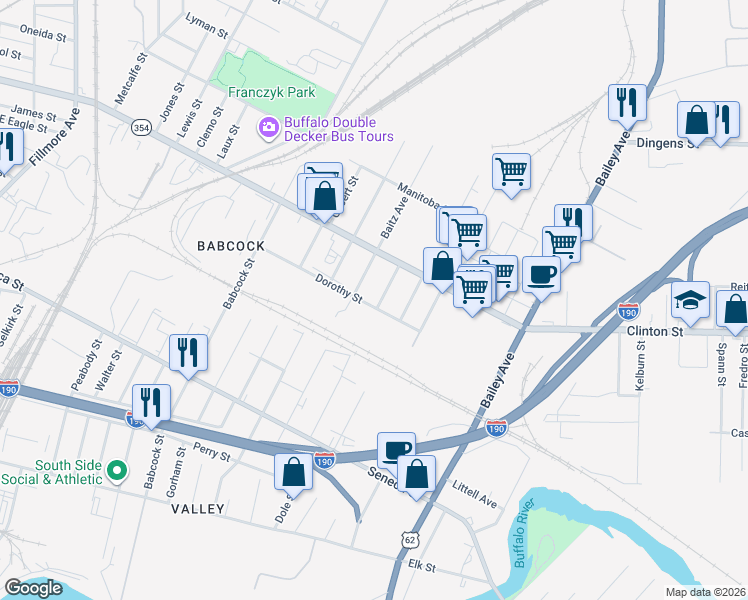 map of restaurants, bars, coffee shops, grocery stores, and more near 40 Kirkover Street in Buffalo