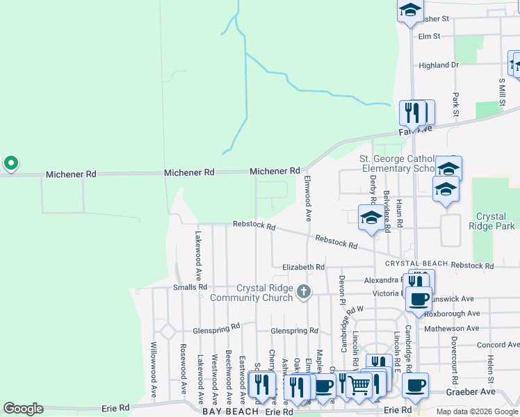 map of restaurants, bars, coffee shops, grocery stores, and more near 106 Schooley Road in Fort Erie