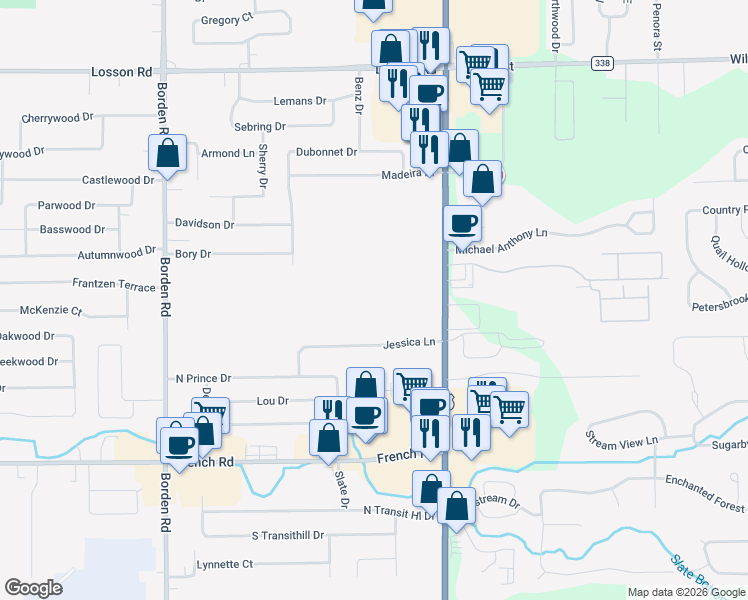 map of restaurants, bars, coffee shops, grocery stores, and more near 4836 Transit Road in Depew