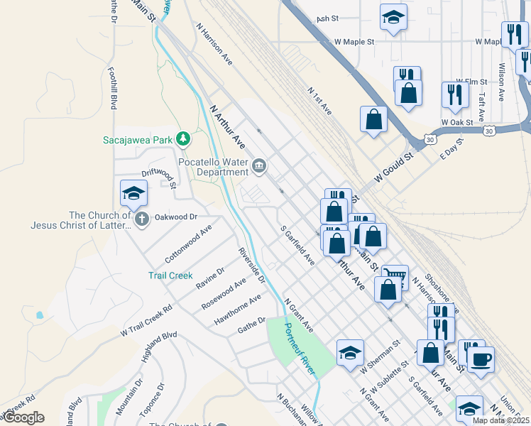 map of restaurants, bars, coffee shops, grocery stores, and more near 1690 North Garfield Annex in Pocatello