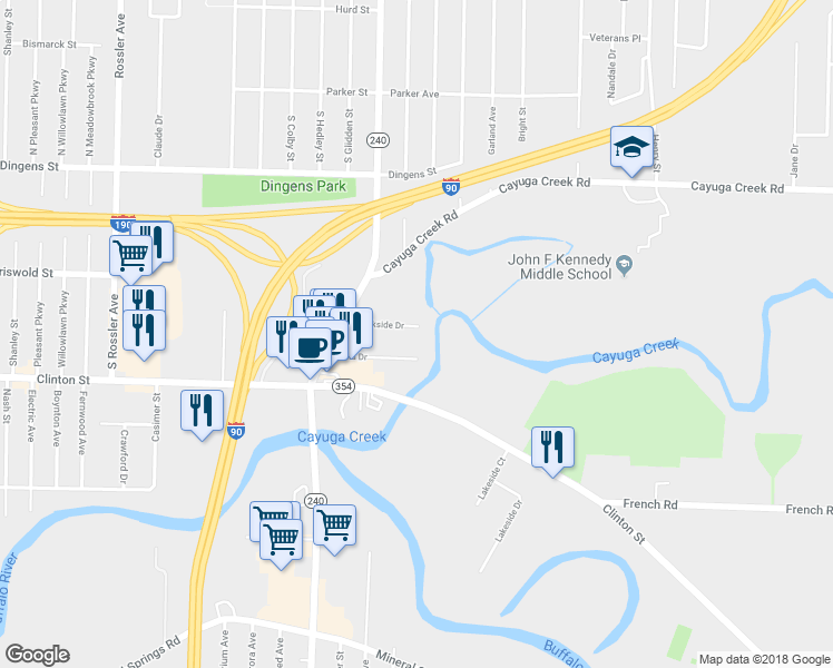 map of restaurants, bars, coffee shops, grocery stores, and more near 63 Creekside Drive in Cheektowaga