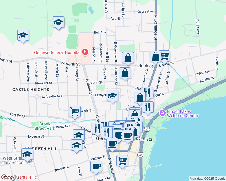 map of restaurants, bars, coffee shops, grocery stores, and more near 76 Genesee Street in Geneva