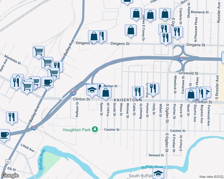 map of restaurants, bars, coffee shops, grocery stores, and more near 36 Krakow St in Buffalo