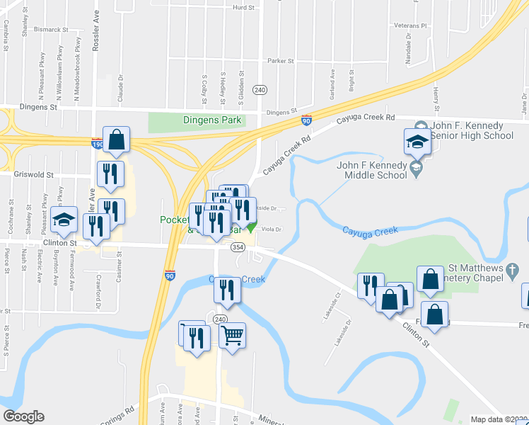 map of restaurants, bars, coffee shops, grocery stores, and more near 15 Creekside Drive in Cheektowaga