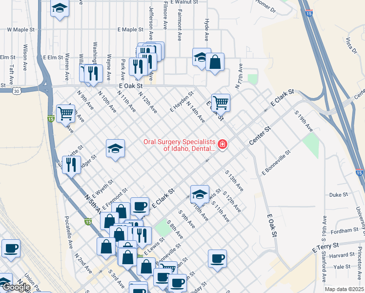 map of restaurants, bars, coffee shops, grocery stores, and more near 330 N 12th Ave in Pocatello