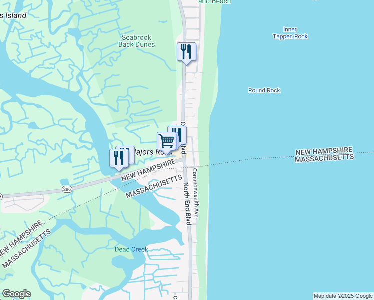 map of restaurants, bars, coffee shops, grocery stores, and more near 3 New Hampshire Street in Seabrook