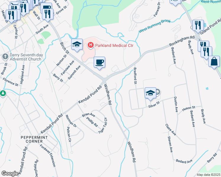 map of restaurants, bars, coffee shops, grocery stores, and more near 6 Sunset Circle in Derry