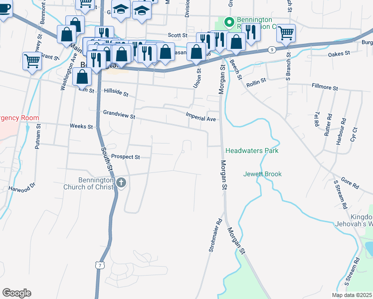 map of restaurants, bars, coffee shops, grocery stores, and more near 312 Crescent Boulevard in Bennington