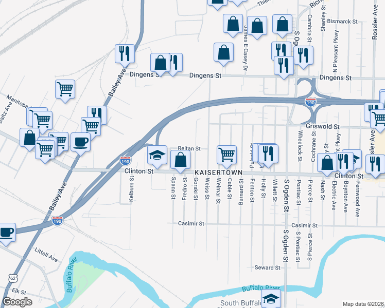 map of restaurants, bars, coffee shops, grocery stores, and more near 36 Krakow Street in Buffalo
