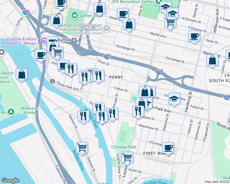map of restaurants, bars, coffee shops, grocery stores, and more near 292 South Park Avenue in Buffalo