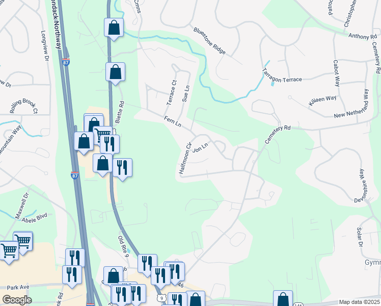 map of restaurants, bars, coffee shops, grocery stores, and more near 287 Jon Lane in Saratoga County