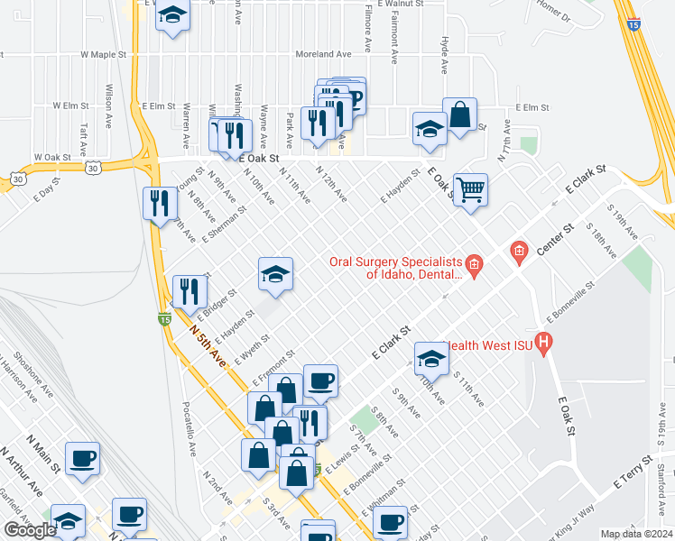 map of restaurants, bars, coffee shops, grocery stores, and more near 506 North 10th Avenue in Pocatello