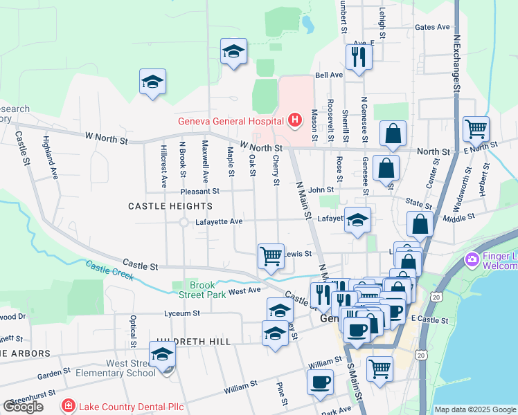 map of restaurants, bars, coffee shops, grocery stores, and more near 77 Oak Street in Geneva