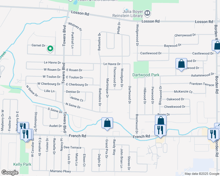 map of restaurants, bars, coffee shops, grocery stores, and more near 55 Martinique Drive in Buffalo