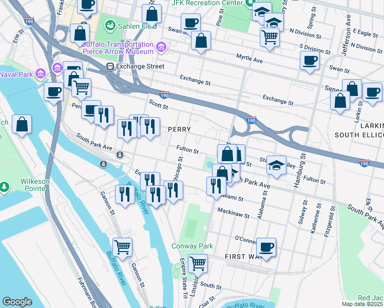 map of restaurants, bars, coffee shops, grocery stores, and more near 119 Fulton Street in Buffalo