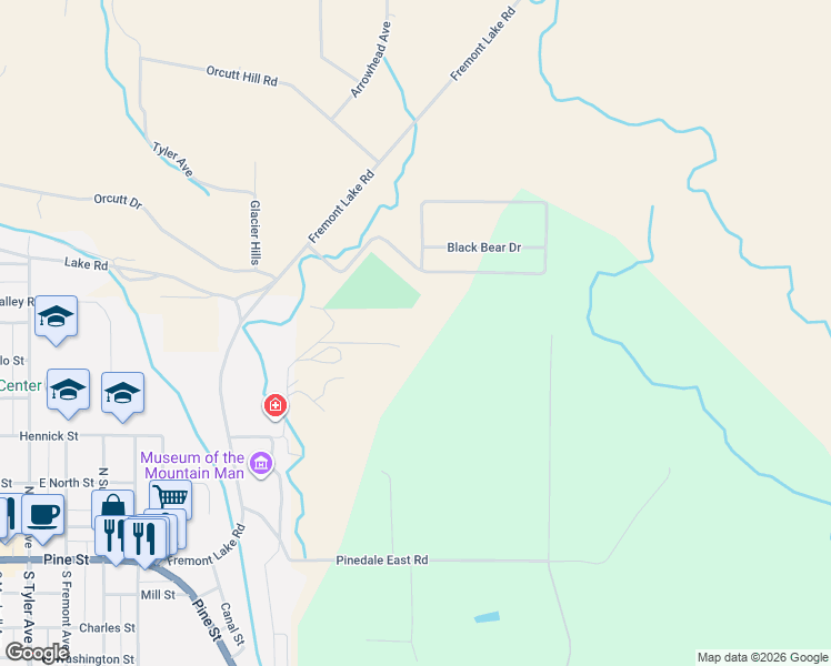 map of restaurants, bars, coffee shops, grocery stores, and more near 15 Skyview Drive in Pinedale