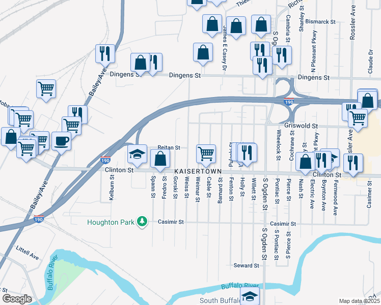 map of restaurants, bars, coffee shops, grocery stores, and more near 223 Weiss Street in Buffalo