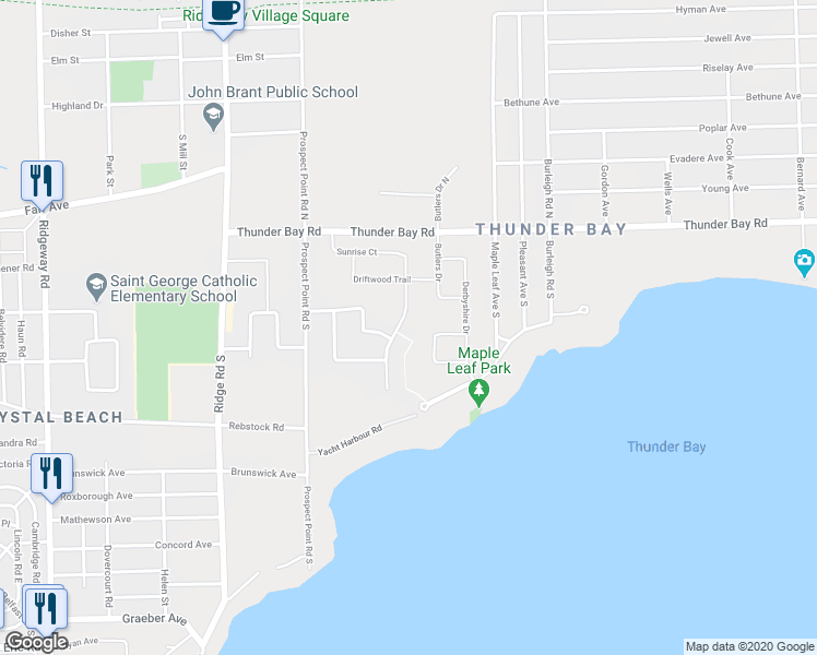 map of restaurants, bars, coffee shops, grocery stores, and more near 106 Sunrise Court in Fort Erie