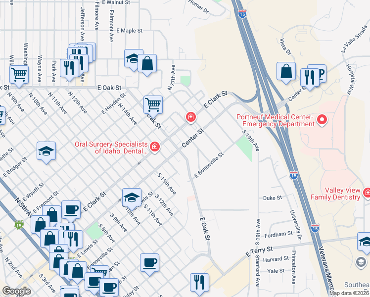 map of restaurants, bars, coffee shops, grocery stores, and more near 1605 East Center Street in Pocatello
