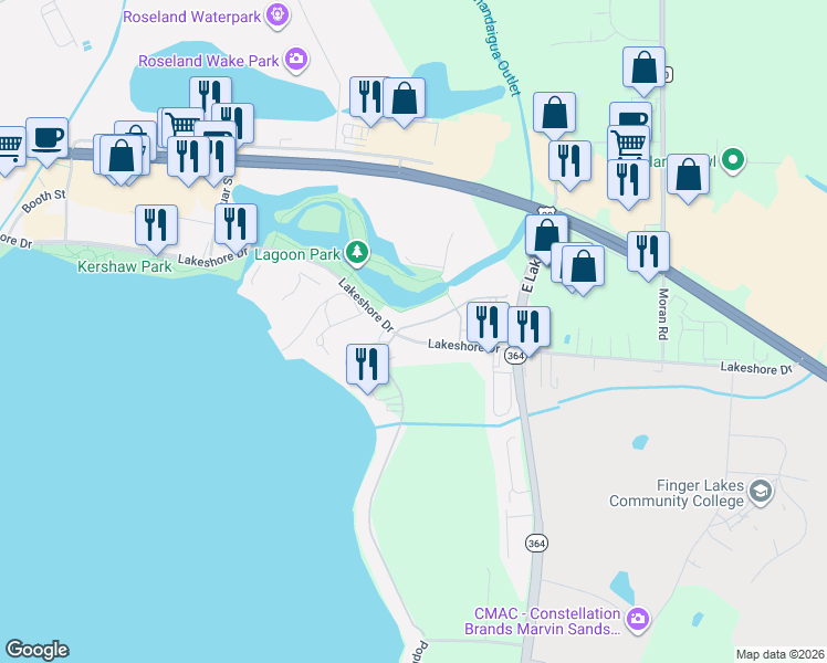 map of restaurants, bars, coffee shops, grocery stores, and more near 302 Walker Drive in Canandaigua