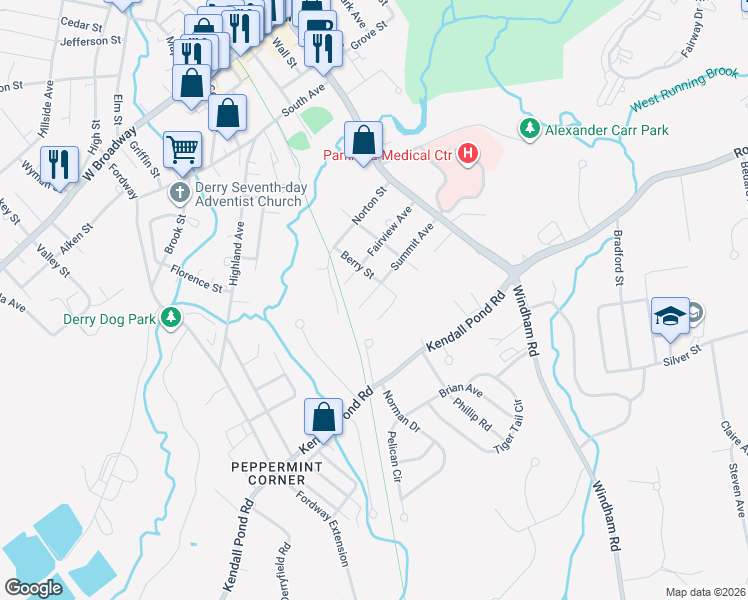 map of restaurants, bars, coffee shops, grocery stores, and more near 30 Summit Avenue in Derry