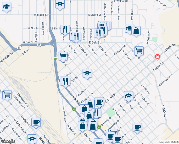 map of restaurants, bars, coffee shops, grocery stores, and more near 623 North 9th Avenue in Pocatello