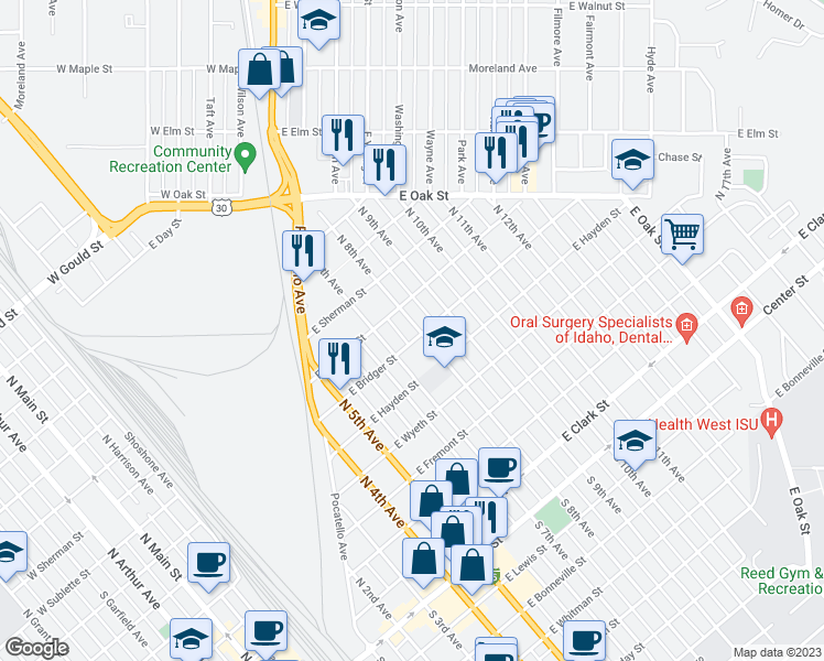 map of restaurants, bars, coffee shops, grocery stores, and more near 878 East Bridger Street in Pocatello