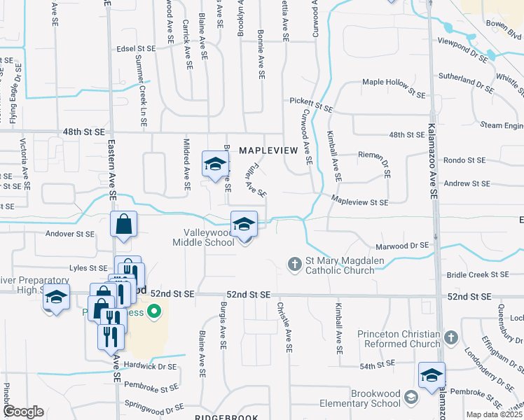 map of restaurants, bars, coffee shops, grocery stores, and more near 1172 Sluyter Street Southeast in Kentwood