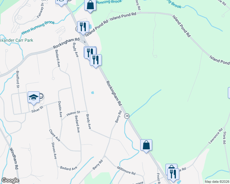 map of restaurants, bars, coffee shops, grocery stores, and more near 120 Rockingham Road in Derry