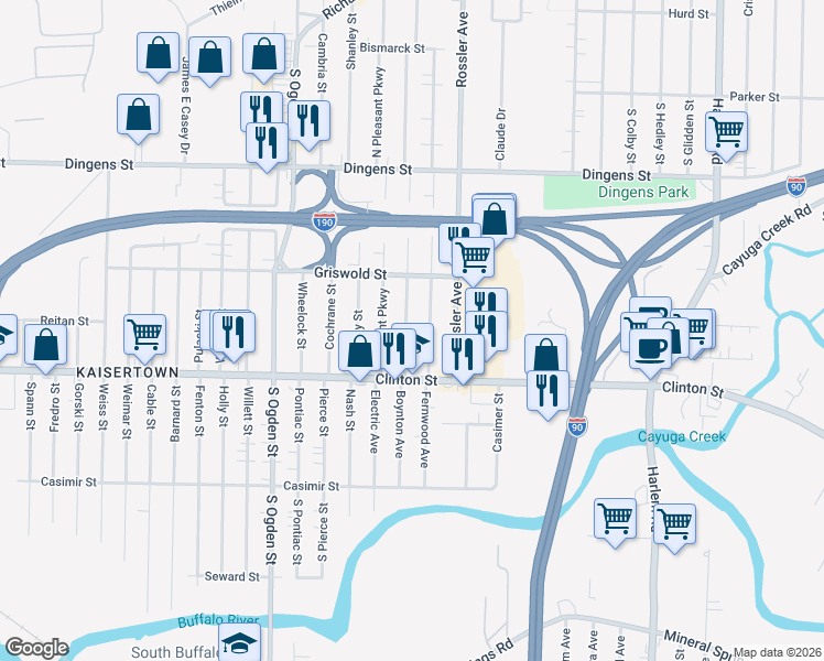 map of restaurants, bars, coffee shops, grocery stores, and more near 45 Willowlawn Parkway in Cheektowaga
