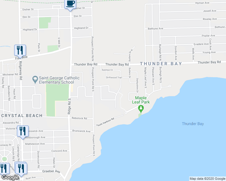 map of restaurants, bars, coffee shops, grocery stores, and more near 3538 Algonquin Drive in Fort Erie