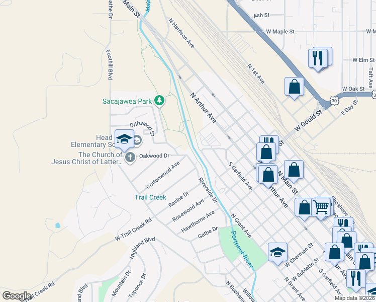 map of restaurants, bars, coffee shops, grocery stores, and more near 2-34 Oakwood Dr in Pocatello