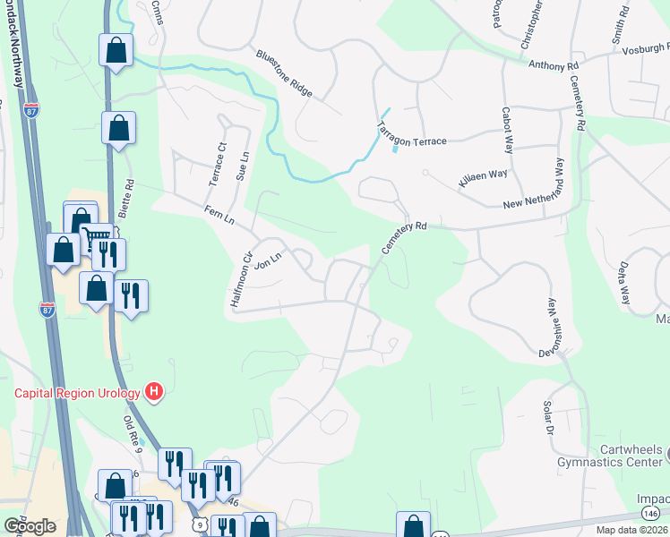map of restaurants, bars, coffee shops, grocery stores, and more near 30 Saratoga Drive in Saratoga County