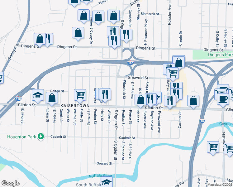 map of restaurants, bars, coffee shops, grocery stores, and more near 440 South Ogden Street in Buffalo