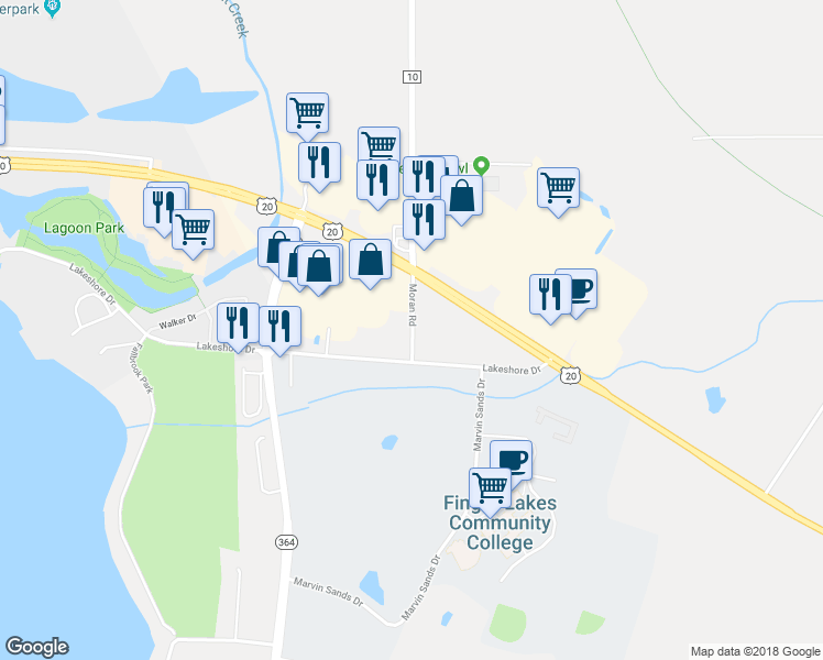 map of restaurants, bars, coffee shops, grocery stores, and more near 3248 Moran Road in Canandaigua