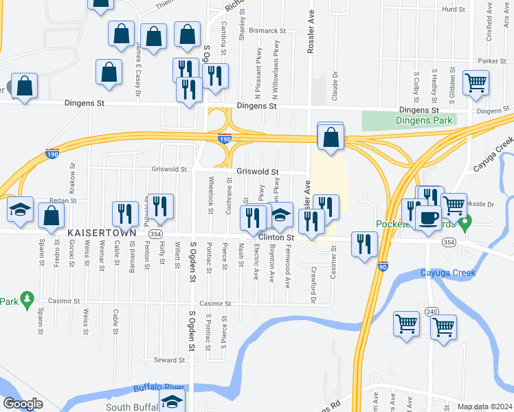 map of restaurants, bars, coffee shops, grocery stores, and more near 48 Pleasant Parkway in Cheektowaga