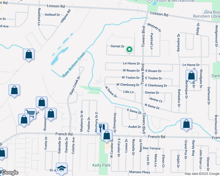 map of restaurants, bars, coffee shops, grocery stores, and more near 39 North Seine Drive in Buffalo