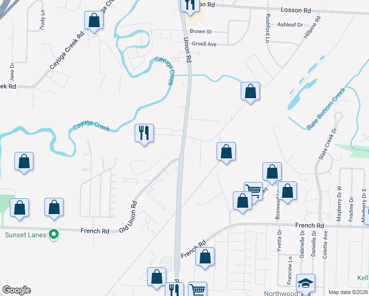 map of restaurants, bars, coffee shops, grocery stores, and more near 2275 Union Road in West Seneca