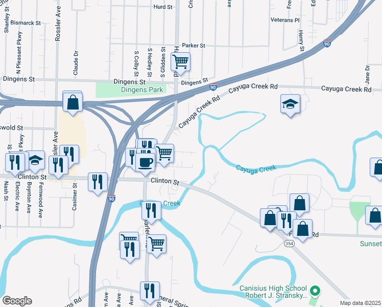 map of restaurants, bars, coffee shops, grocery stores, and more near 63 Creekside Drive in Cheektowaga