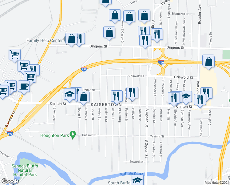 map of restaurants, bars, coffee shops, grocery stores, and more near 298 Cable Street in Buffalo