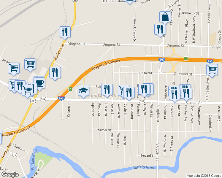 map of restaurants, bars, coffee shops, grocery stores, and more near 223 Weiss Street in Buffalo