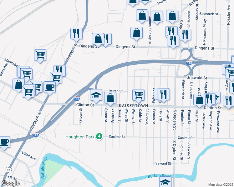 map of restaurants, bars, coffee shops, grocery stores, and more near 36 Krakow Street in Buffalo