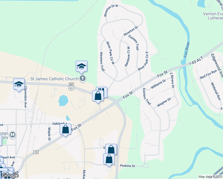map of restaurants, bars, coffee shops, grocery stores, and more near 1030 River Park Circle West in Mukwonago