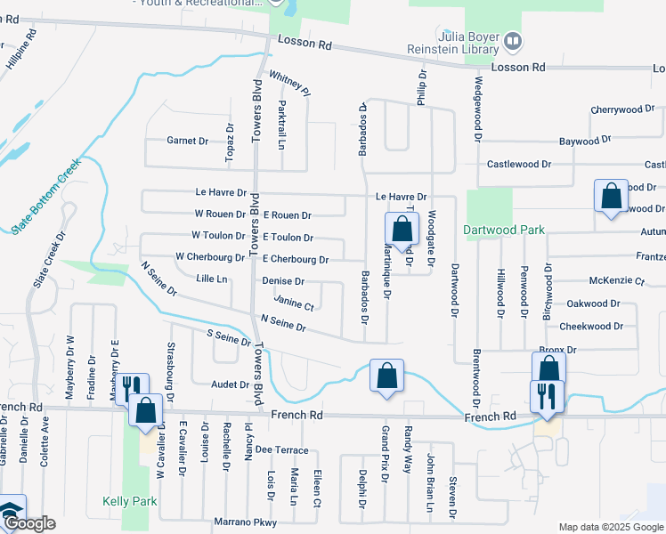 map of restaurants, bars, coffee shops, grocery stores, and more near 79 East Cherbourg Drive in Buffalo