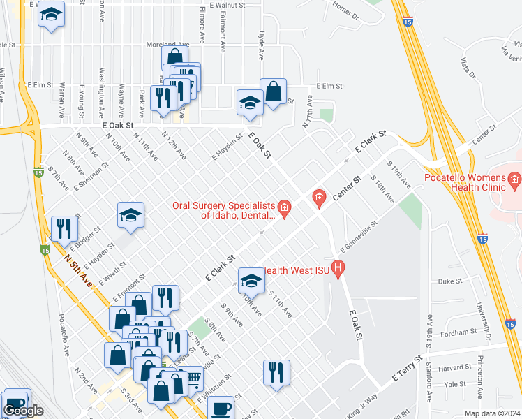 map of restaurants, bars, coffee shops, grocery stores, and more near 256 North 13th Avenue in Pocatello