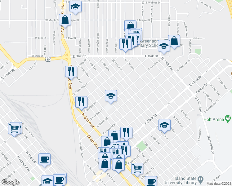 map of restaurants, bars, coffee shops, grocery stores, and more near 623 North 9th Avenue in Pocatello