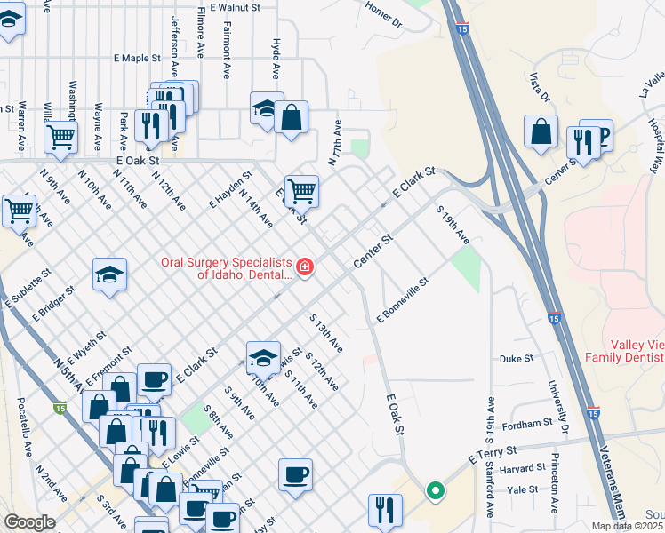map of restaurants, bars, coffee shops, grocery stores, and more near 131 North 15th Avenue in Pocatello