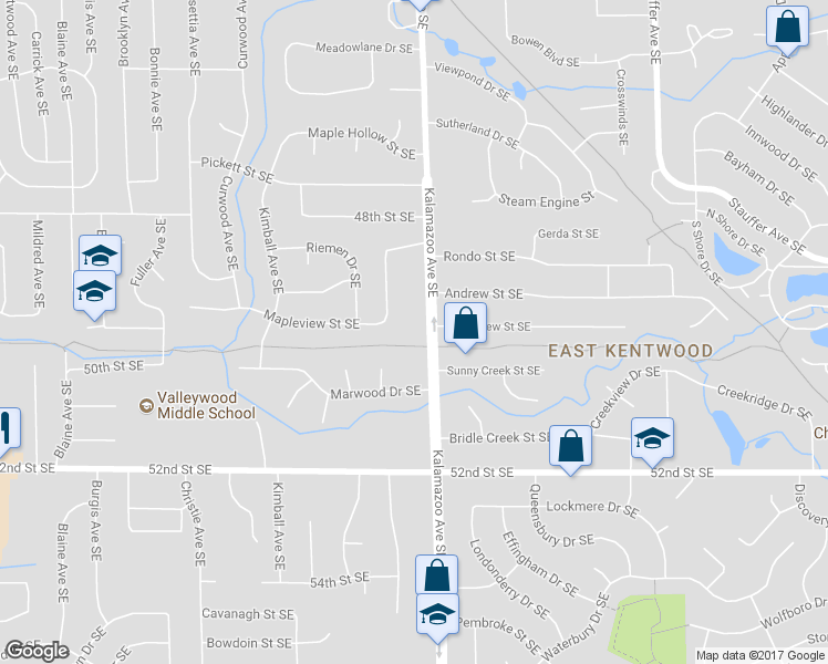 map of restaurants, bars, coffee shops, grocery stores, and more near 4989 Kalamazoo Avenue Southeast in Kentwood