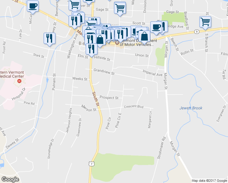 map of restaurants, bars, coffee shops, grocery stores, and more near 105 Norton Street in Bennington